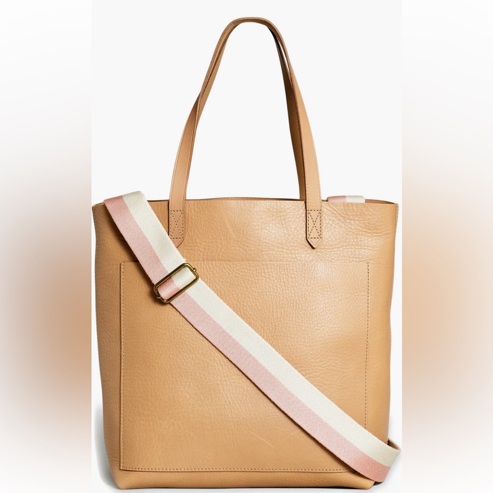 Madewell Tan Leather Tote with Pink and Cream Strap